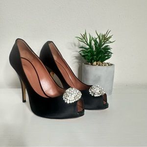 Giuseppe Zanotti Black Satin Rhinestone Crystal Heels 38